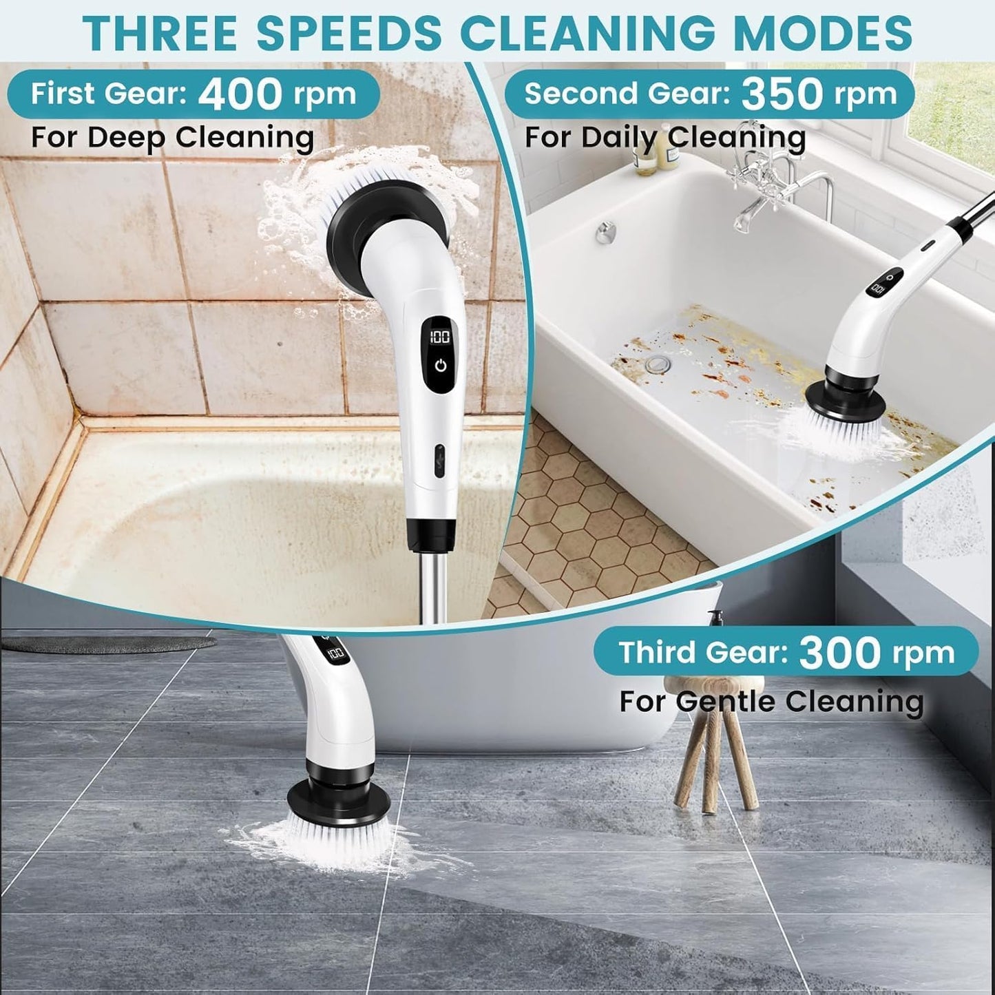 Powerful Electric Spin Scrubber,Cleaning Brush Services Scrubber for Home, 400RPMMins-9 Replaceable Brush Heads-90Mins High Work Time,Size & 2 Speeds Adjustable Multipurpose Spin