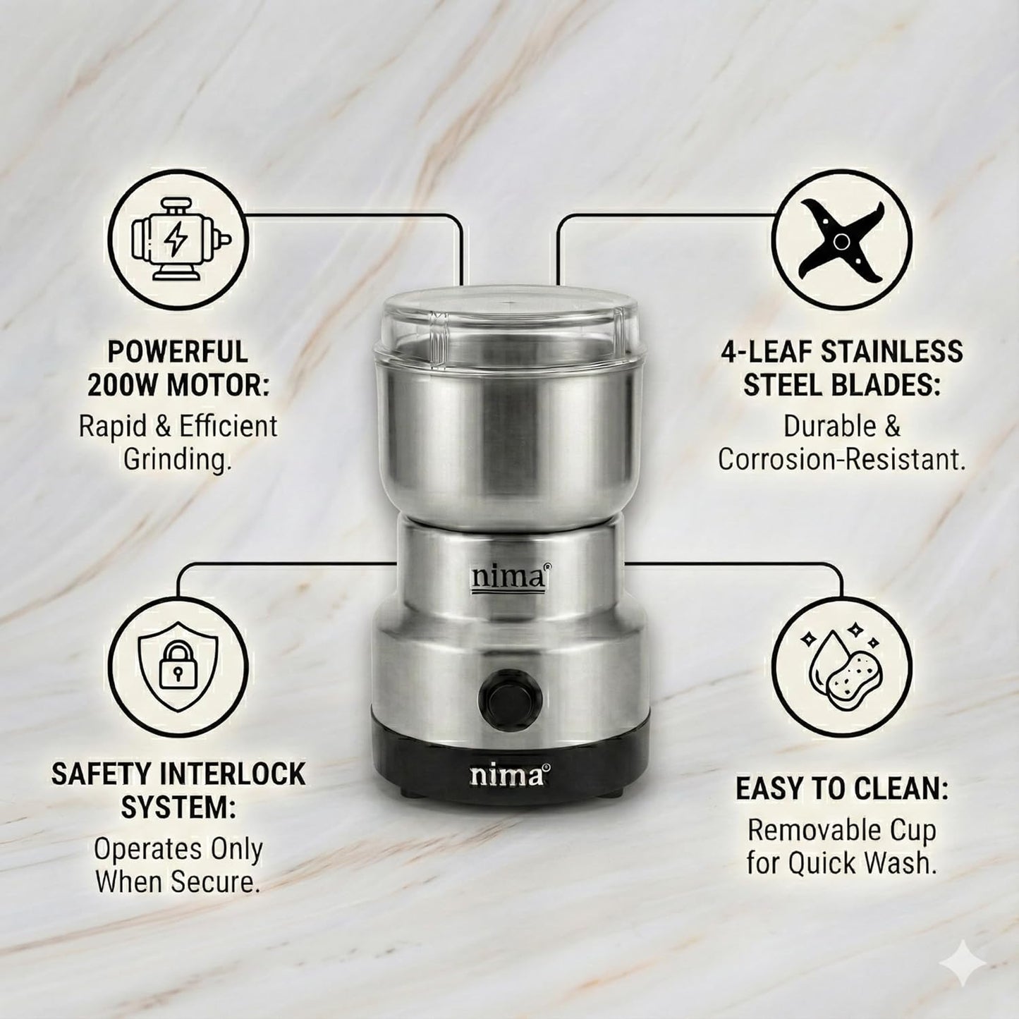 Stainless Steel Mini Electric Grinder and Coffee Maker, Multifunctional Household Grinder for Spices, Coffee Beans, Nuts and Grains, Compact Mixer Grinder with Silver Finish