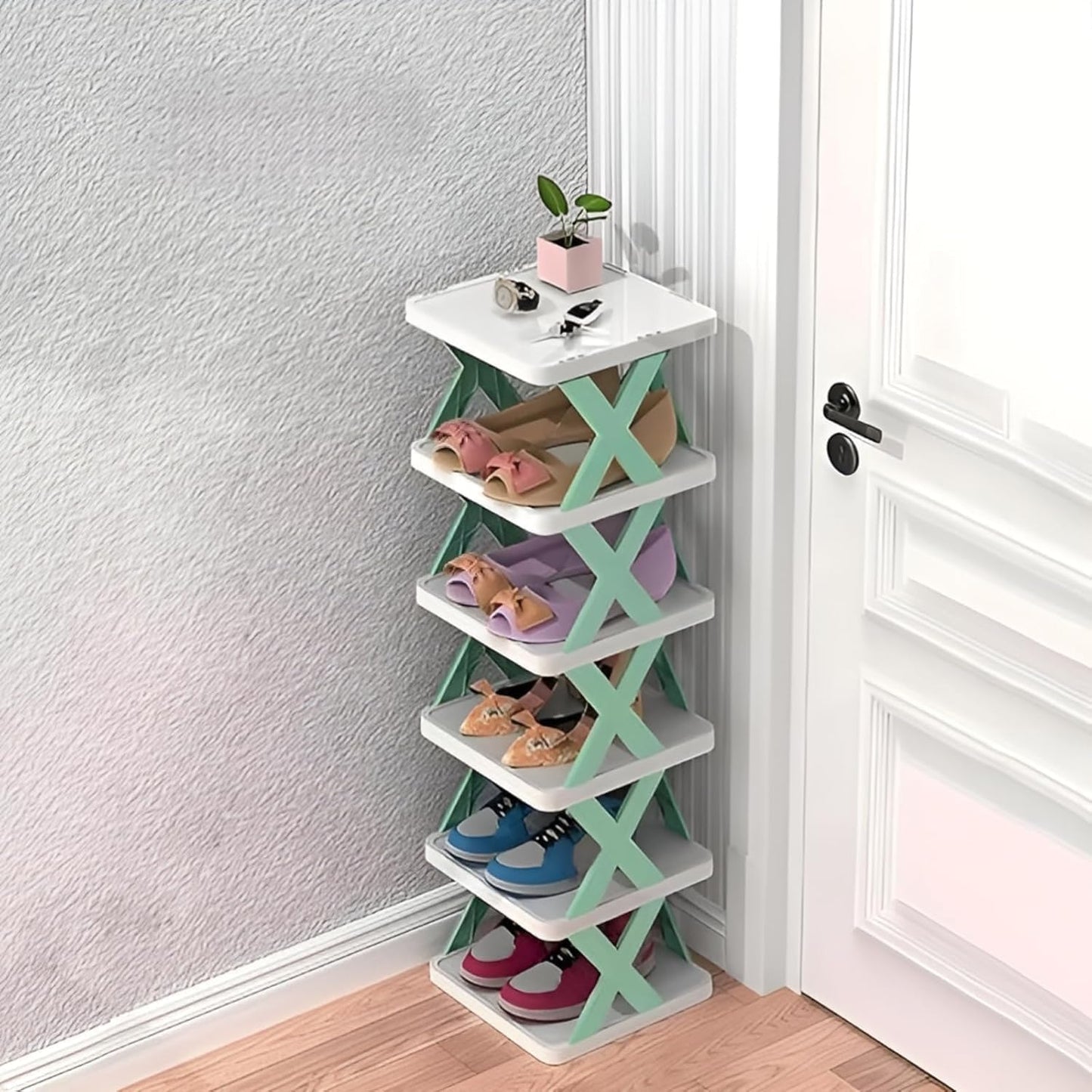 6 Layer Plastic Shoe Rack for Home Stackable & Adjustable Shoe Organizer Shelf for Entryway, Bedroom & Corner Use Space-Saving Foldable Stand with Book & Shoe Storage Slots (6 Layer)