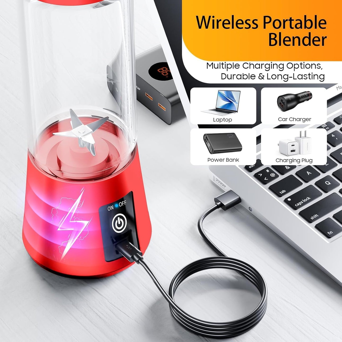 Portable Juicer Blender 6-Blade, USB Rechargeable Smoothie Maker with Built-In Bottle, Personal Fruit Juice Machine & Protein Shake Mixer for Home, Travel & Gym (Multicolor-2)
