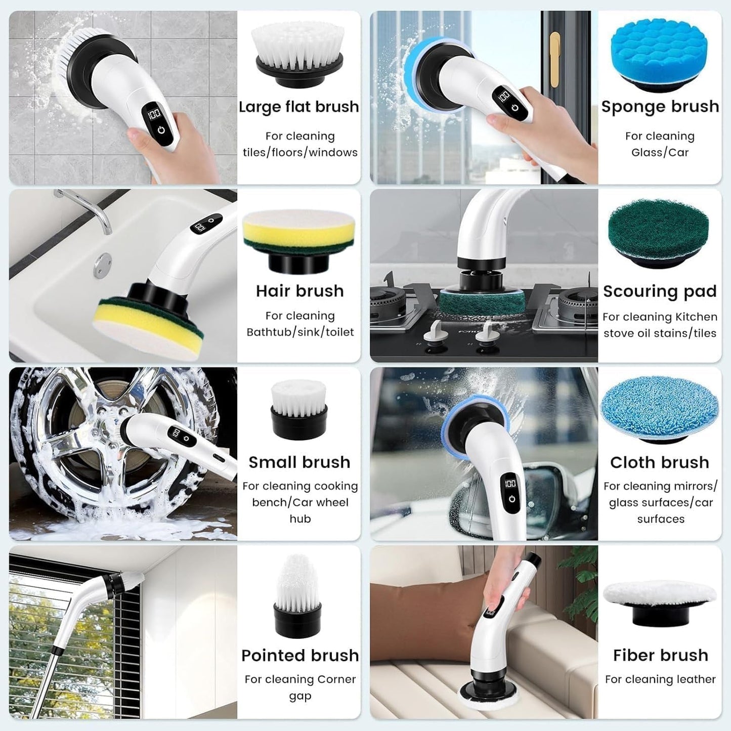 Powerful Electric Spin Scrubber,Cleaning Brush Services Scrubber for Home, 400RPMMins-9 Replaceable Brush Heads-90Mins High Work Time,Size & 2 Speeds Adjustable Multipurpose Spin