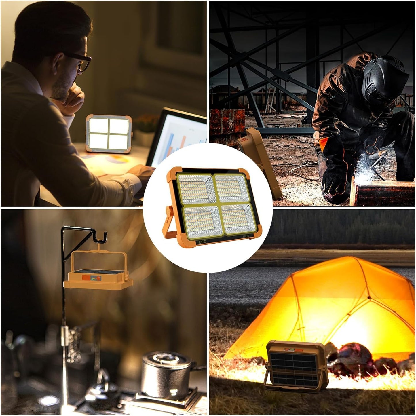 USB & Solar Rechargeable LED Flood Light - 288 LED's Portable & IP66 Waterproof Outdoor Light for Garden, Camping, Garage, and Emergency Use