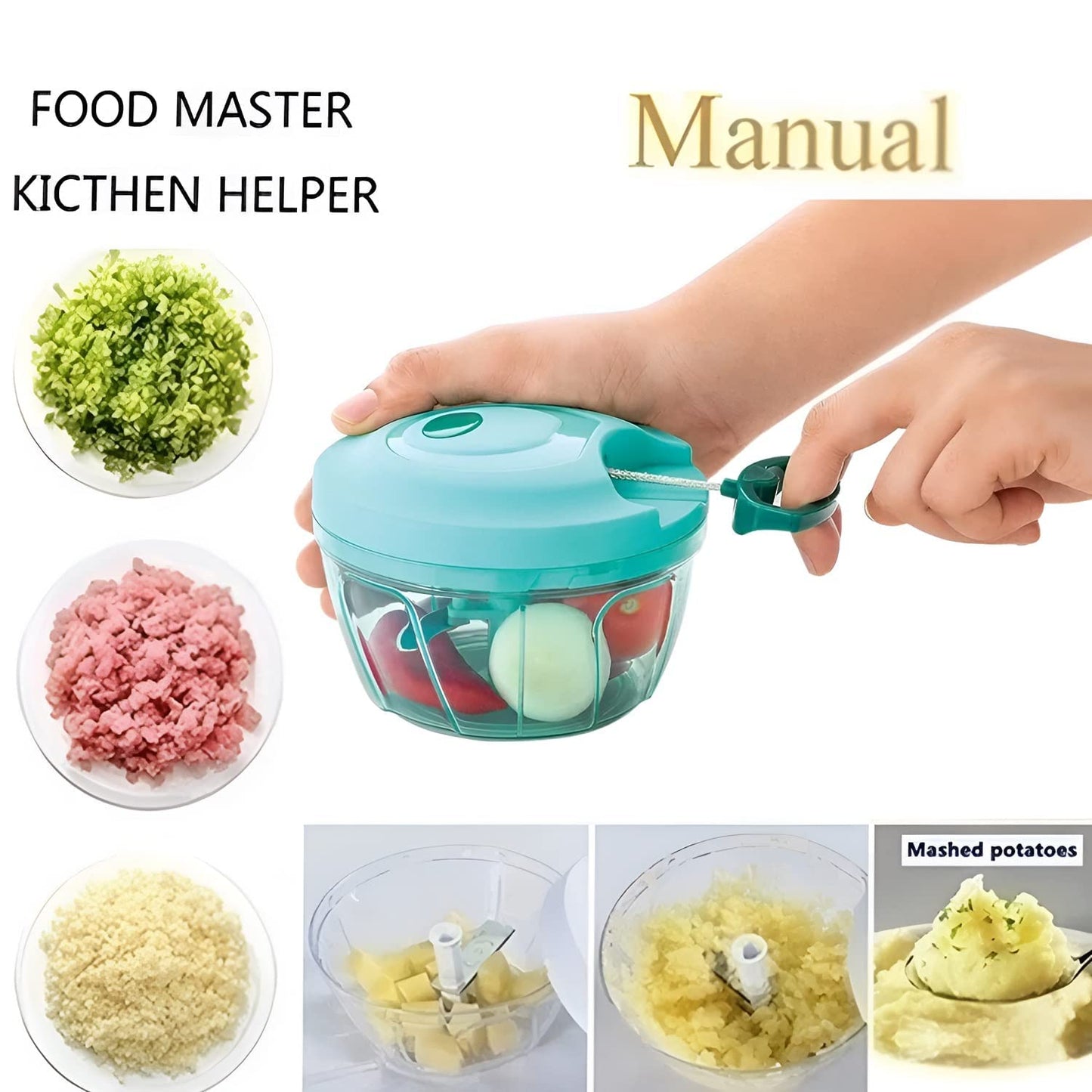 Easy-Pull Mini Chopper with Triple-Blade System 2 in 1 500ml for Efficient Chopping of Onions, Garlic, Vegetables & Fruits