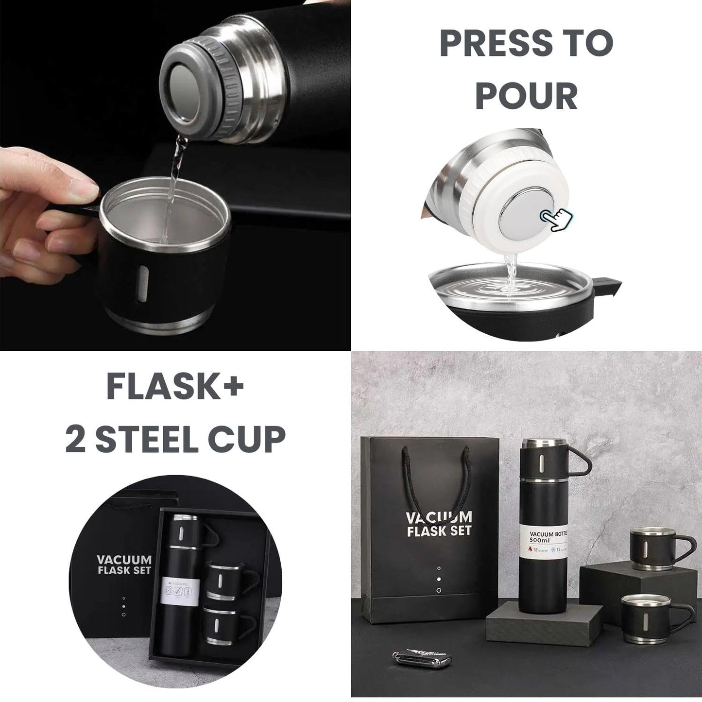 Vacuum Flask Set with 2 Cups, Double Wall Stainless Steel Thermo 500ml Vacuum Insulated Bottle Water Flask Gift Set with 3 Cups