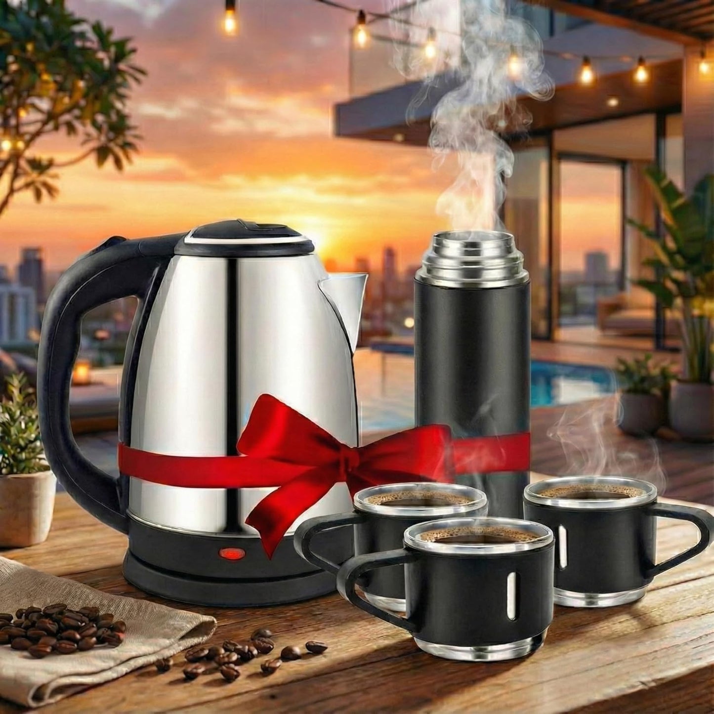 3 in 1 Combo Set Electric Kettle Stainless Steel 1.8 litres, Thermo Vaccum Flask Set with 2 Cups for boiling Water, Making Tea and Coffee, Instant Noodles
