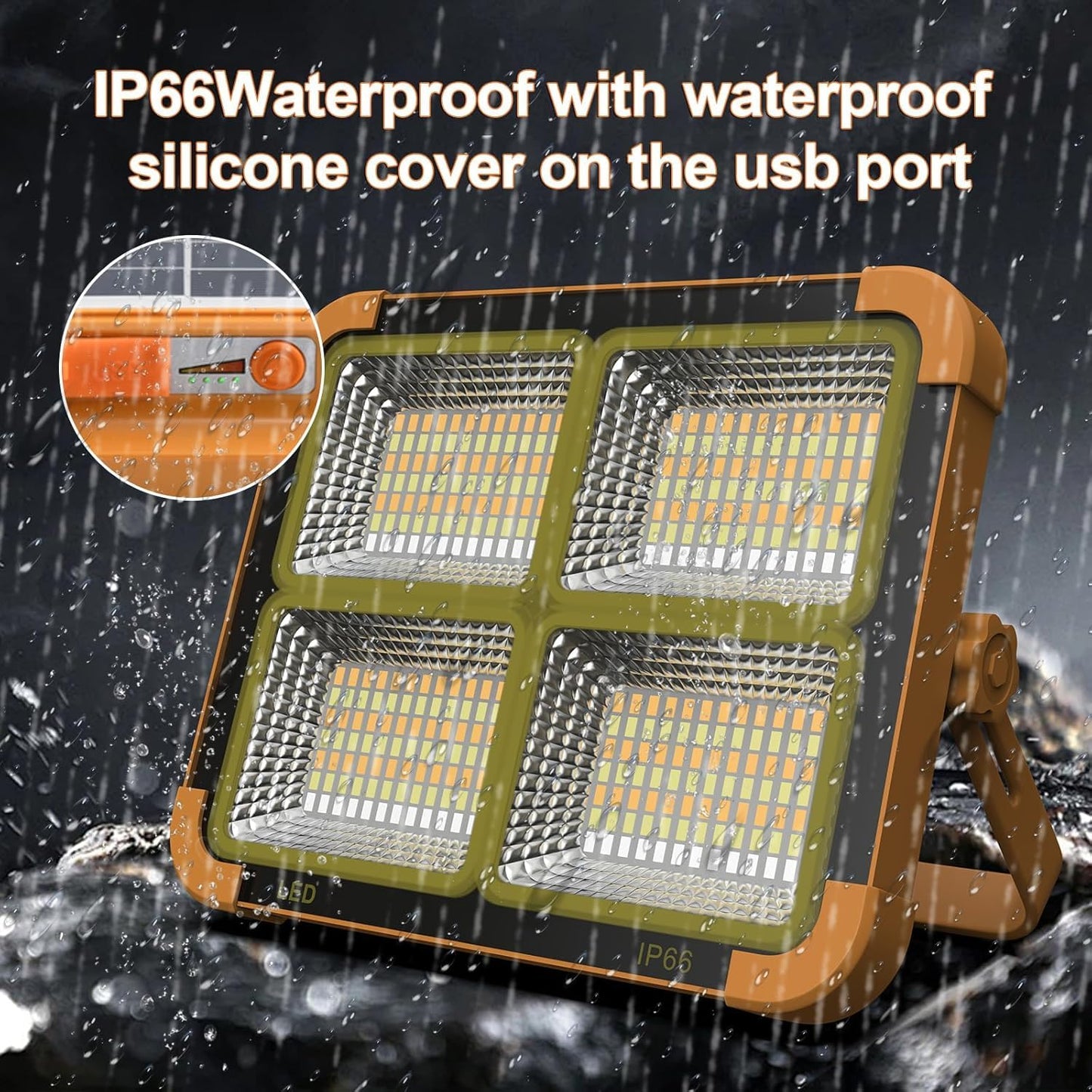 USB & Solar Rechargeable LED Flood Light - 288 LED's Portable & IP66 Waterproof Outdoor Light for Garden, Camping, Garage, and Emergency Use