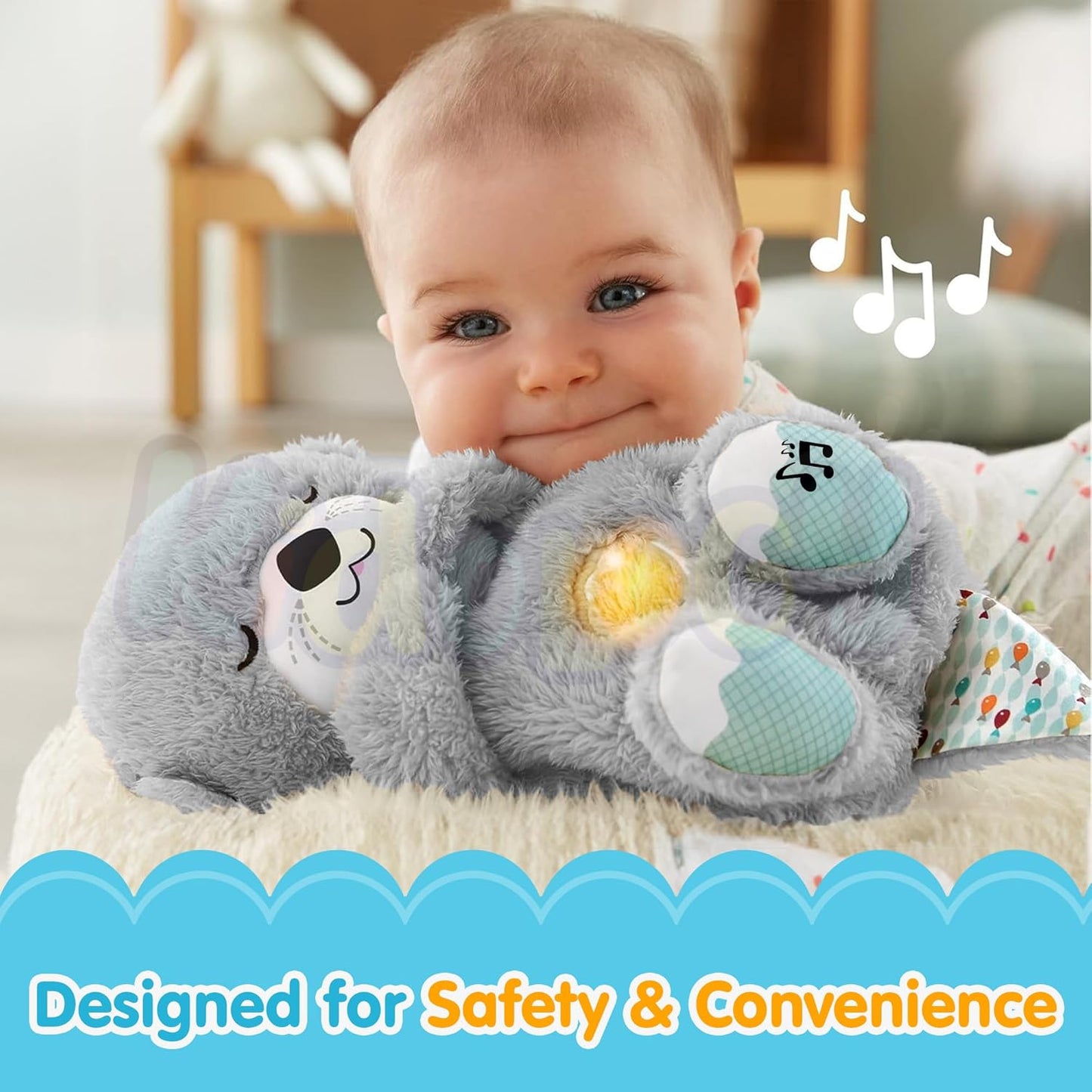 Baby Plush Toy with Music, Lights & Breathing Motion, Interactive Teddy Bear for Sensory Learning, Soft Stuffed Animal Newborn Babies, Musical Toy Kids Valentine (Grey) – 30cm