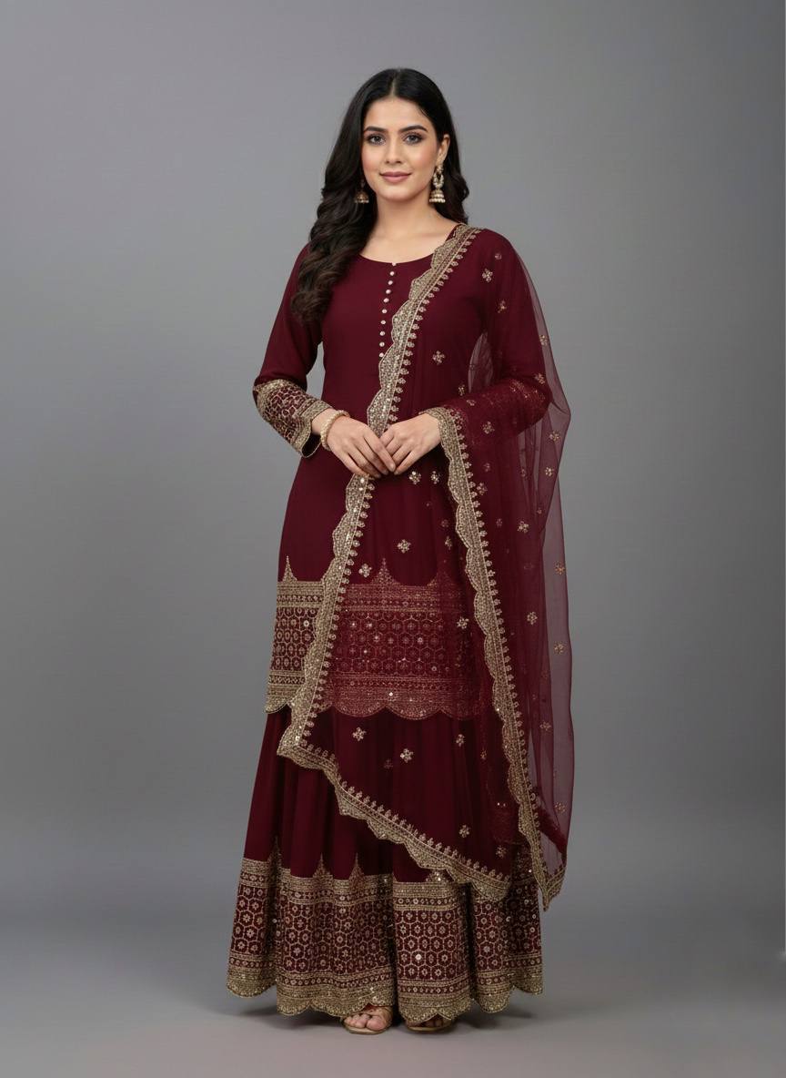 HEAVY PURE VICHITRA SILK FABRIC WITH FULL KALI PATTERN ANARKALI
